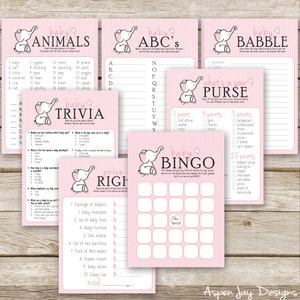 Rosa Elefant Baby Shower Spiele Paket - SIEBEN druckbare Mädchen Baby Shower Spiele: Bingo, Preis stimmt, Geldbörse Spiel - Sofort Download