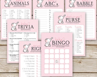 Pink Elephant Baby Shower Games Package - SEVEN printable Girl Baby Shower Games: Bingo, Price is Right, Purse Game - Instant Download