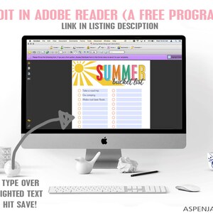 May include: A computer screen displaying a printable summer bucket list with a colorful sun and the text "SUMMER bucket list". The list includes items such as "Take a road trip", "Go camping", and "Make root beer floats".