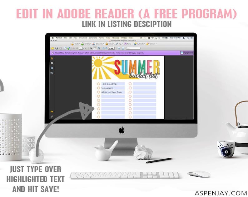 May include: A computer screen displaying a printable summer bucket list with a colorful sun and the text "SUMMER bucket list". The list includes items such as "Take a road trip", "Go camping", and "Make root beer floats".