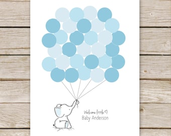 Blue Elephant Balloon Signature Gästebuch PRINTABLE für Baby Shower Geburtstag - Elefant Kinderzimmer Kunst, Daumenabdruck Gästebuch - digitale Datei
