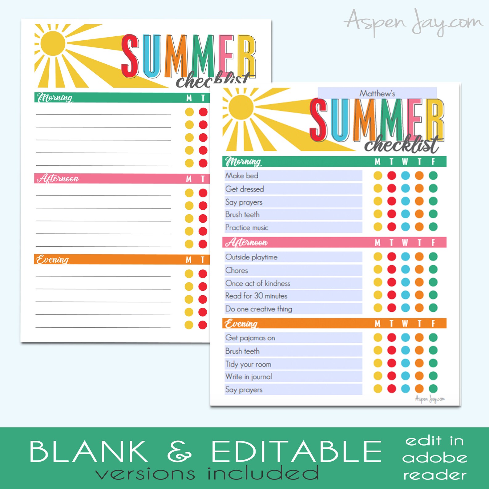 EDITABLE Summer Daily Checklist for Kids - INSTANT DOWNLOAD - Printable ...