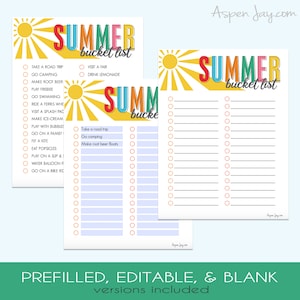 May include: Two printable summer bucket list checklists with a sun graphic. The first checklist is pre-filled with activities like "Take a road trip", "Go camping", and "Make root beer floats". The second checklist is blank.