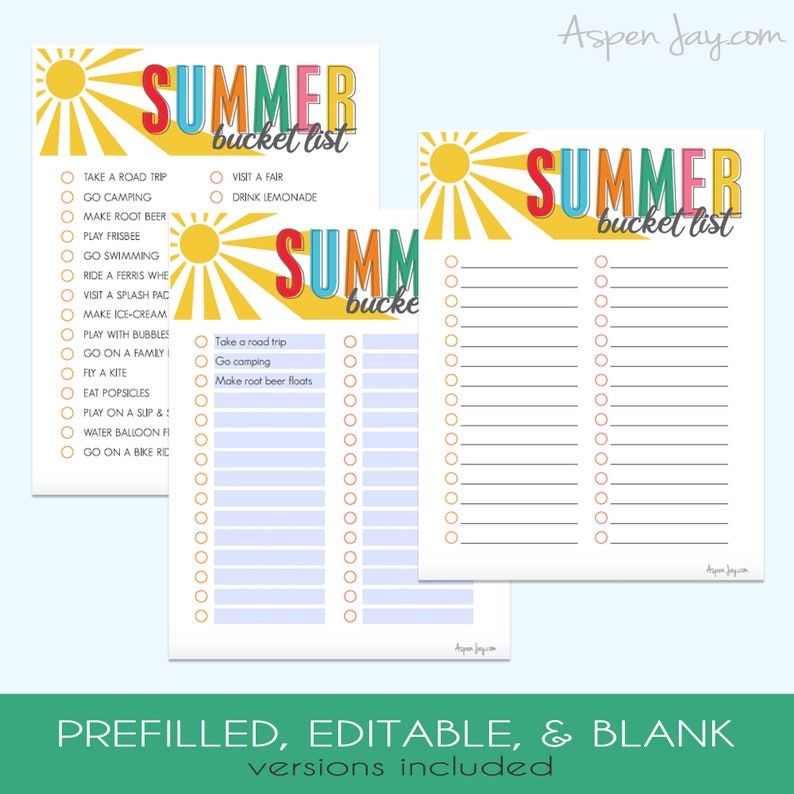 May include: Two printable summer bucket list checklists with a sun graphic. The first checklist is pre-filled with activities like "Take a road trip", "Go camping", and "Make root beer floats". The second checklist is blank.
