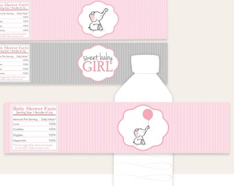 Pink Elephant Baby Shower Bottle Wrappers - Printable Download - Grey and Pink Girl Baby Shower Water Bottle Labels
