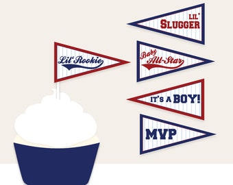 Baseball Baby Shower Cupcake Toppers - Baseball Straw Flags - Printable Download - Baseball Baby Shower Flags - Baseball Decorations