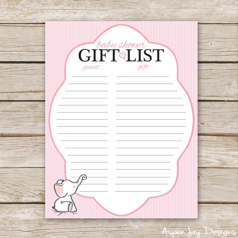 Pink Elephant Baby Shower Gift List Printable Download Etsy