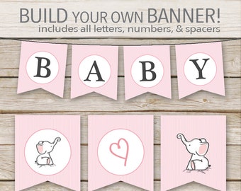 Pink Elephant Banner - Printable Download - Elephant Baby Shower Banner - Customizable DIY Banner Printable with ALL Letters and Numbers