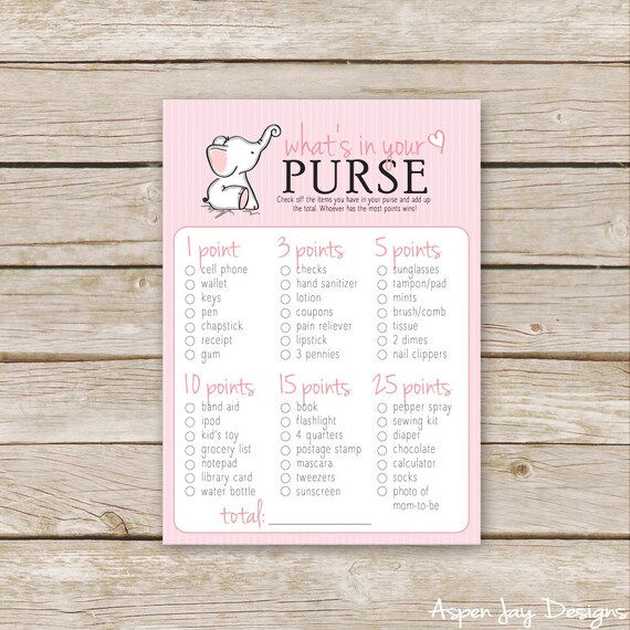 Pink Elephant Baby Shower What S In Your Purse Game Etsy