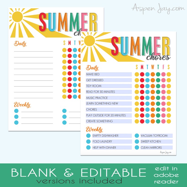 REDIGERBART sommarsyssloschema - DIREKT NEDLADDNING - Utskrivbart syssloschema för barn - anpassningsbart syssloschema - Sommarchecklista - rutin bild 2