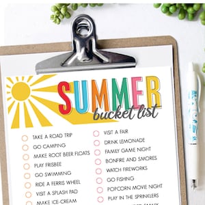 May include: A printable summer bucket list checklist with a yellow sun graphic and colorful text. The list includes activities like going camping, swimming, playing frisbee, visiting a fair, and building a sandcastle.