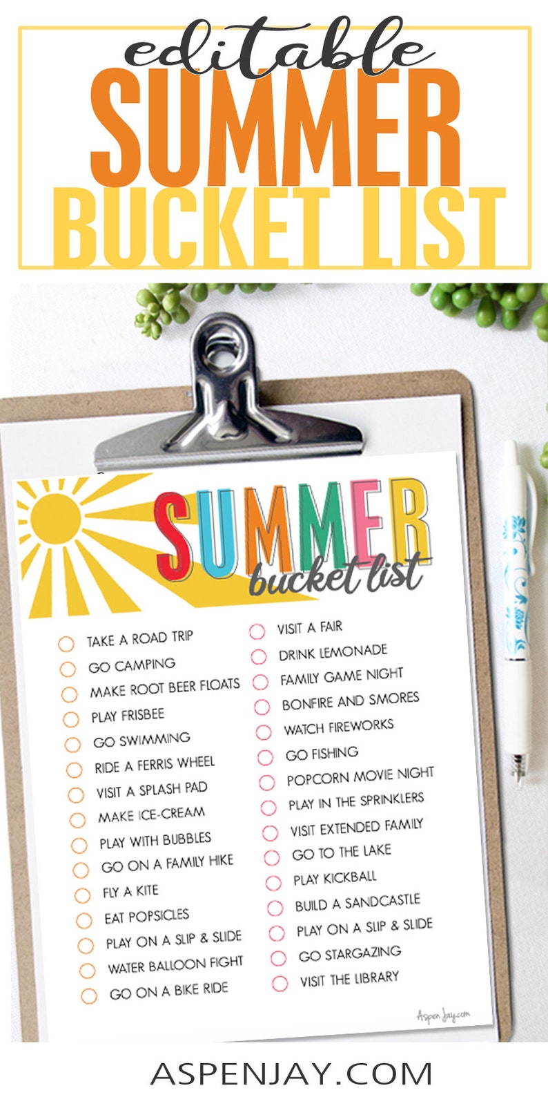 May include: A printable summer bucket list checklist with a yellow sun graphic and colorful text. The list includes activities like going camping, swimming, playing frisbee, visiting a fair, and building a sandcastle.