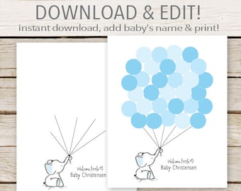 Blue Elephant Balloon Guest Book Alternative - INSTANT DOWNLOAD - Elephant Fingerprint Guestbook - EDITABLE file - Guest Sign In Baby Shower