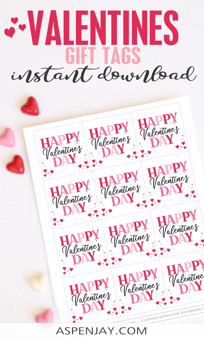 Happy Valentine's Day Tags Printable, INSTANT DOWNLOAD, Valentine Gift Tag - School Classroom Teacher Valentine Party Favor, Cookie Tag