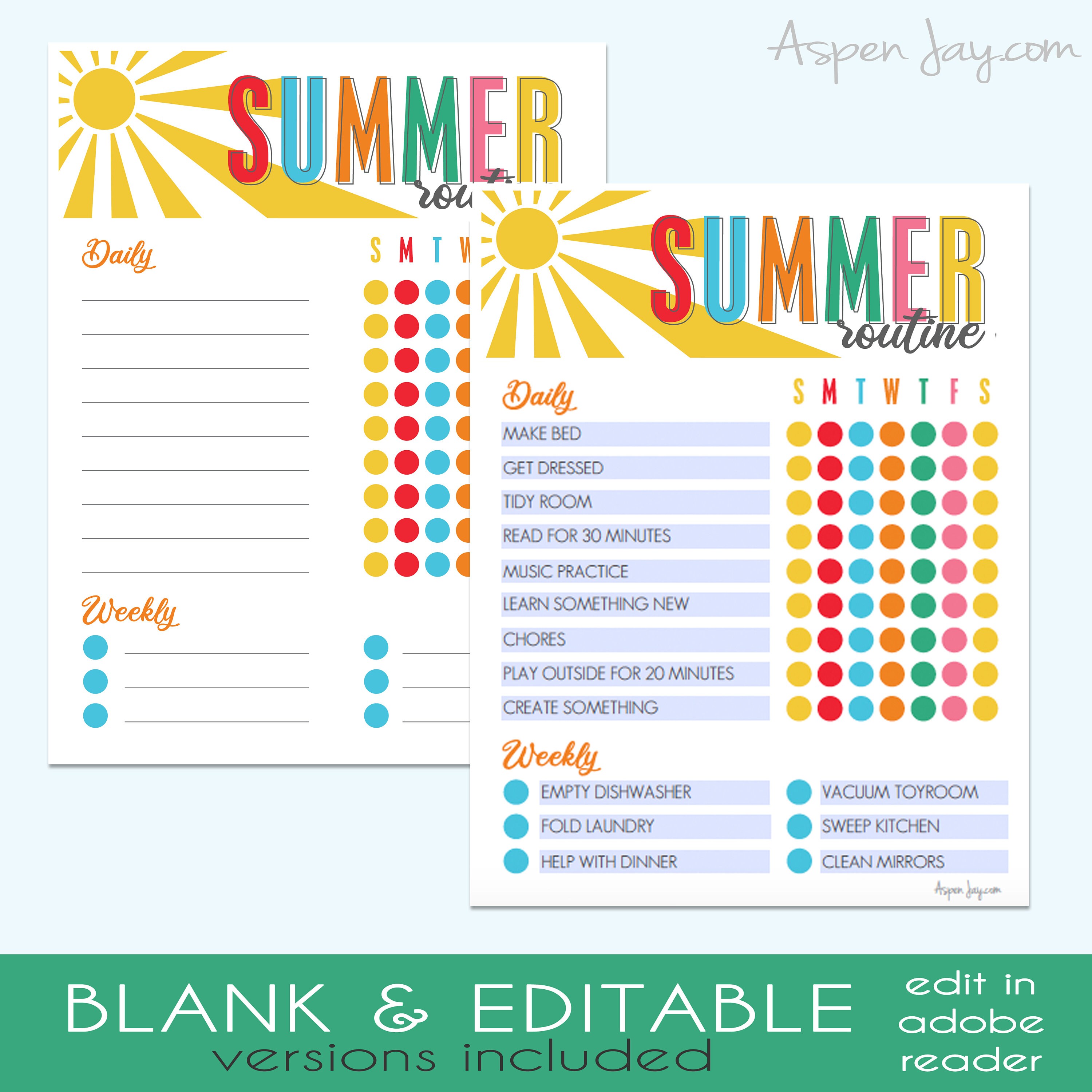 Summer Routine Pdf EDITABLE Summer Routine Chart for Kids - INSTANT DOWNLOAD - Printable ...