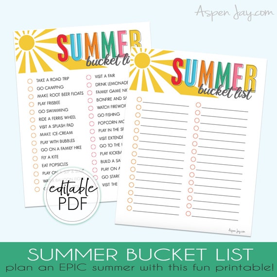 EDITABLE Summer Bucket List 2025 - INSTANT DOWNLOAD - Bucket List for Kids - customizable Bucket List - Summer Bucket List Poster Template