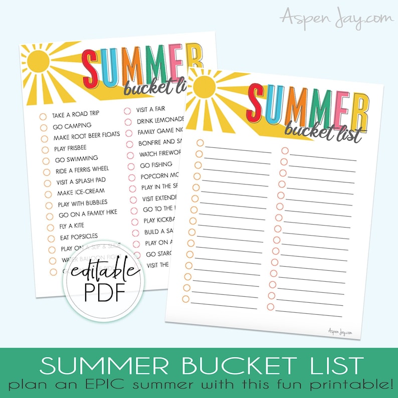 May include: A printable summer bucket list with a yellow sun and colorful text. The list includes activities like taking a road trip, going camping, making root beer floats, playing frisbee, swimming, visiting a fair, drinking lemonade, playing family games, having a bonfire, watching fireworks, going fishing, and more.