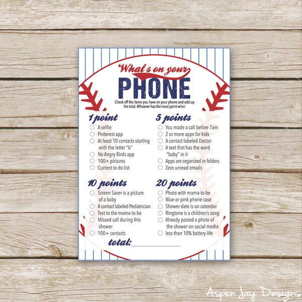 Baseball Baby Shower What's on your Phone Game - Printable Download - Baseball Baby Shower Game - Baseball Whats in your phone