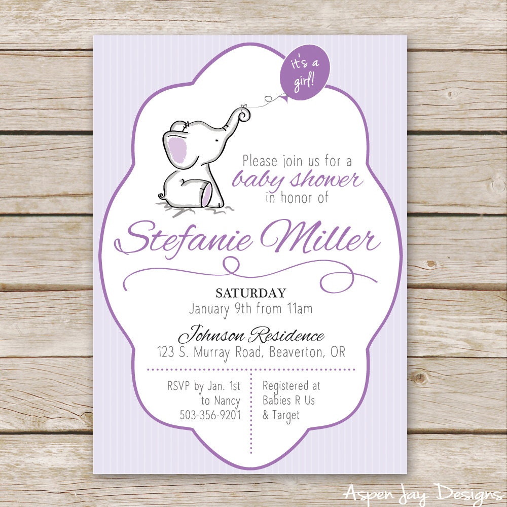 Purple Elephant Baby Shower Invitations Violet Baby Shower Etsy