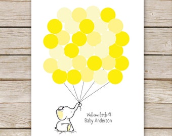 Yellow Elephant Balloon Signature Guest Book PRINTABLE for Baby Shower Birthday - Elephant Nursery Art, Thumbprint Guestbook - digital file