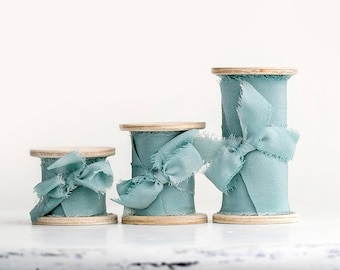 Silk ribbon on spool - Sea green ribbon - Blue silk ribbon - Wedding invitations, bridal bouquets, styling