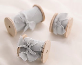 Grey Silk Ribbon on Wooden Spool / Hand dyed, different wide, perfect for wedding decorations, invitations, bridal bouquet