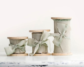 Sage green ribbon for invitations - Hand dyed silk ribbon on wooden spool