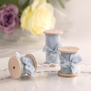 Dusty blue hand dyed silk ribbon on wooden spool Boho bouquet, wedding invitations, naturally-dyed, wedding styling image 1