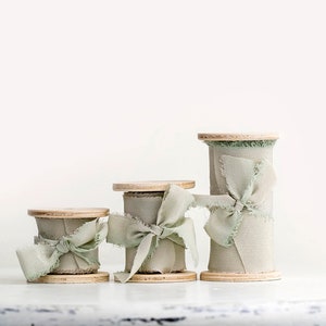 Sage green ribbon for invitations - Hand dyed silk ribbon on wooden spool