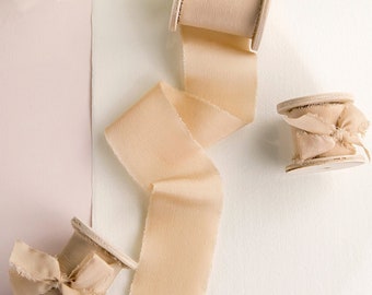 Cream Silk Ribbon - Naturally-died ribbon on wooden spool - Wedding invitations, bridal bouquets, photography styling