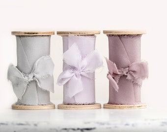 Silk Ribbon Styling Bundle - Set of 3 ribbon spools in grey, lavender, mauve - For wedding invitation, photography flat lays, table setting