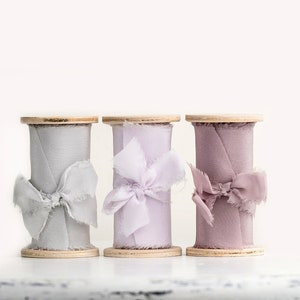 Silk Ribbon Styling Bundle Set of 3 ribbon spools in grey, lavender, mauve For wedding invitation, photography flat lays, table setting image 1