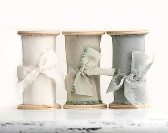 Hand dyed silk ribbon spools in set of ivory, sage green and silver sage - Perfect for wedding decoration