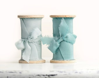 Silk ribbon by the yard - Set of two wooden spools with sea glass and sea green colors