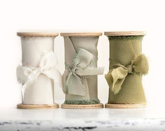 Hand dyed silk ribbon spools for bridal bouquet, wedding styling - Bundle of ivory, sage green, moss green