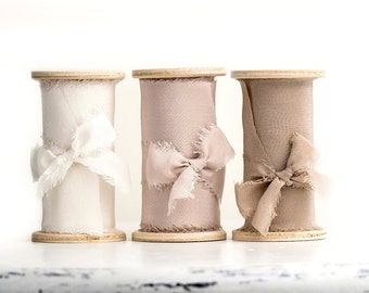 Hand dyed silk ribbon spool set of Ivory, Light taupe, Warm taupe - Wedding decoration, photograhy styling bundle