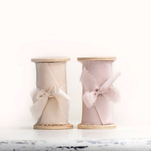 Silk ribbon set of 2 / Hand dyed silk ribbon on wooden spool / Blush and blush pink ribbon
