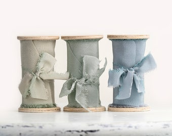 Silk ribbon by yard on wooden spool - Set of 3 colors Sage green, silver sage, steel blue