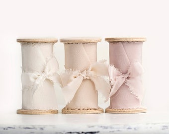 Silk ribbon for wedding bouquet / Set of Blush pink, Blush and Ivory ribbons / Hand dyed on wooden spool