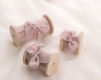 Hand dyed silk ribbon on wooden spool / Color Dusty rose / Wedding invitation, photo styling, bridal bouquet