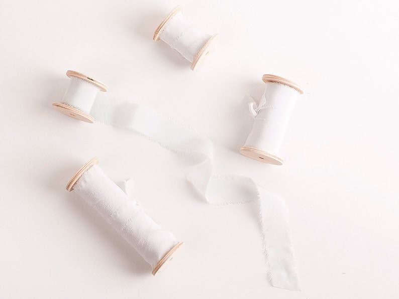 Silk Ribbon White / 3 yards of hand-dyed silk ribbon on wooden spool / Wedding Bouquet, Decoration, Invitation image 4