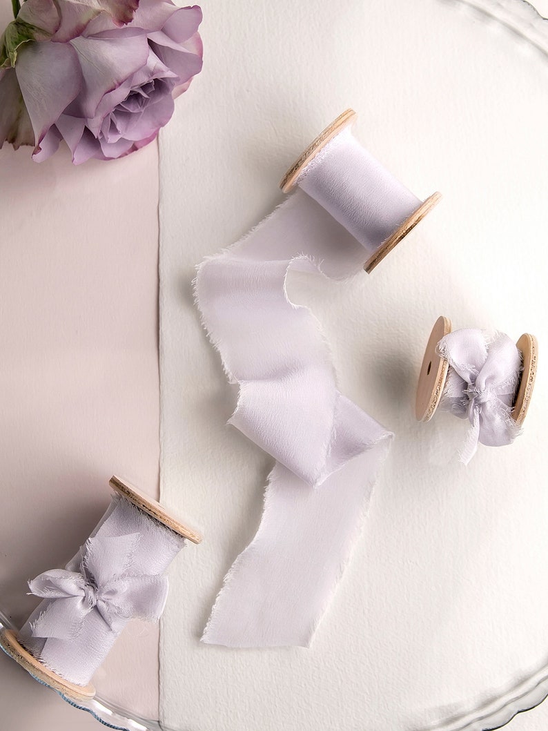 Silk Ribbon Styling Bundle Set of 3 ribbon spools in grey, lavender, mauve For wedding invitation, photography flat lays, table setting image 6