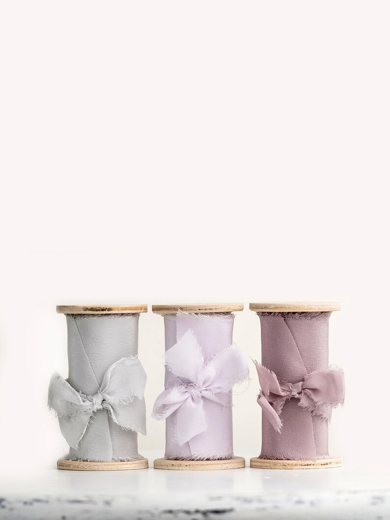 Silk Ribbon Styling Bundle Set of 3 ribbon spools in grey, lavender, mauve For wedding invitation, photography flat lays, table setting image 1