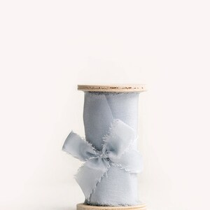 Dusty blue hand dyed silk ribbon on wooden spool Boho bouquet, wedding invitations, naturally-dyed, wedding styling image 4