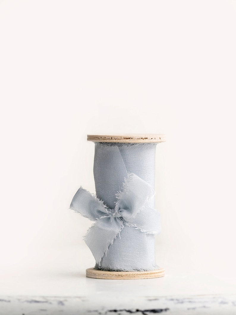 Dusty blue hand dyed silk ribbon on wooden spool Boho bouquet, wedding invitations, naturally-dyed, wedding styling image 4