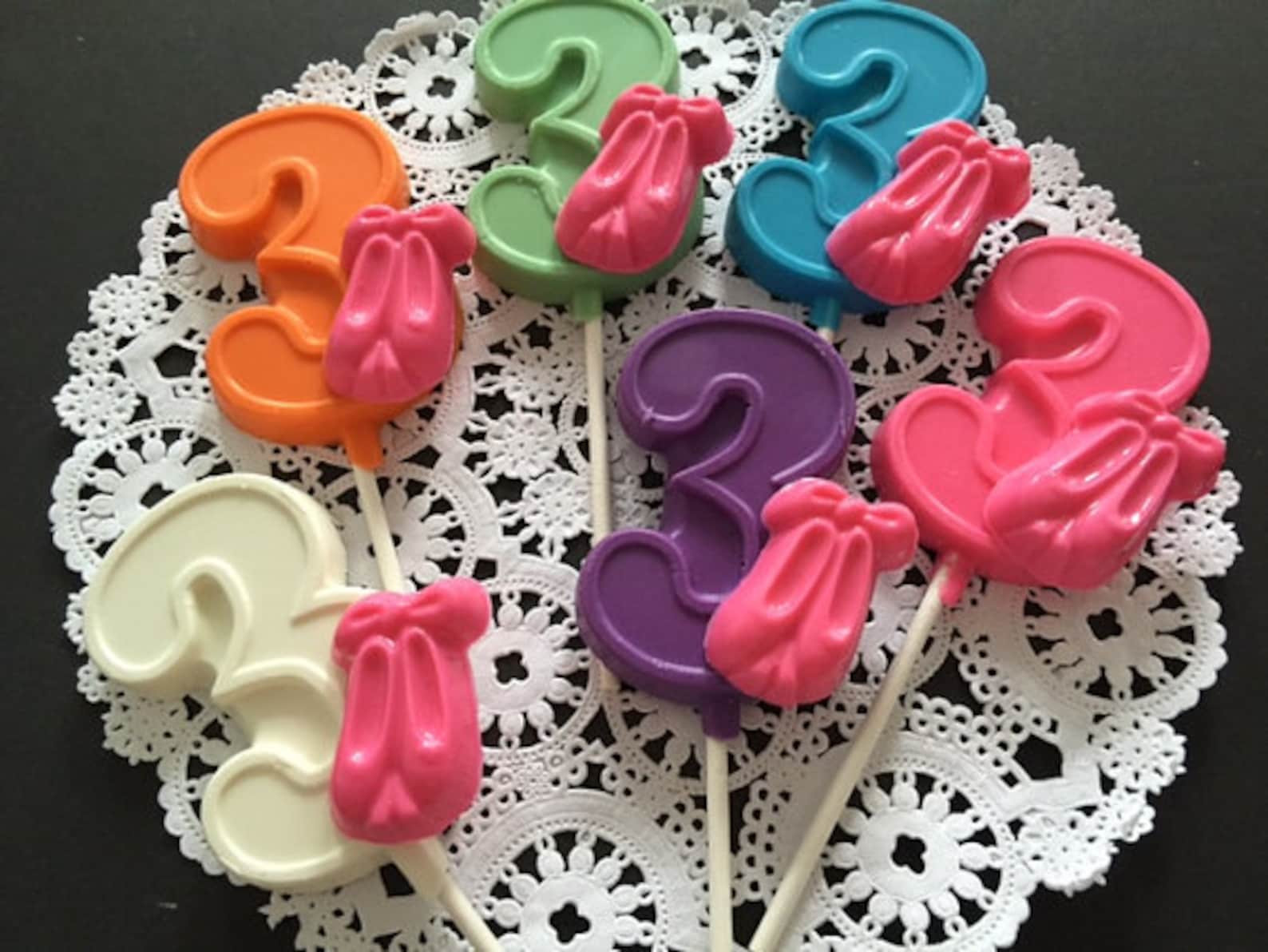 number three ballerina shoe chocolate lollipop(12 qty)-dance/3rd birthday/birthday favor/number 3 lollipop/ballet party/party fa
