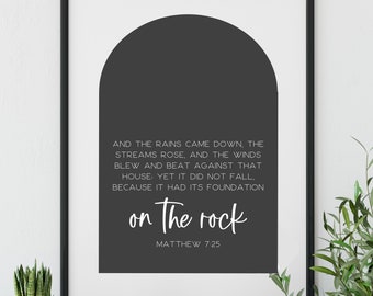 Matthew 7:25 - On the Rock -  MORE COLOR SIZES - Inspirational - Christian Art - Modern Scripture Art - Wall Art - Grace and Mercy