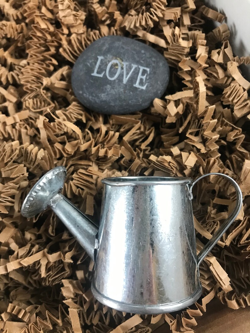 以下が含まれることがあります： 茶色の細断された紙の上に置かれた、ハンドルと注ぎ口が付いた小さな銀色のじょうろ。画像には、「LOVE」と刻まれた灰色の石も写っています。