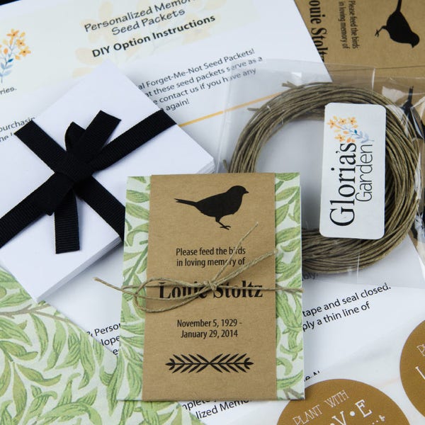 Do-It-Yourself Personalized Memorial Bird Seed Packets with Green Foliage