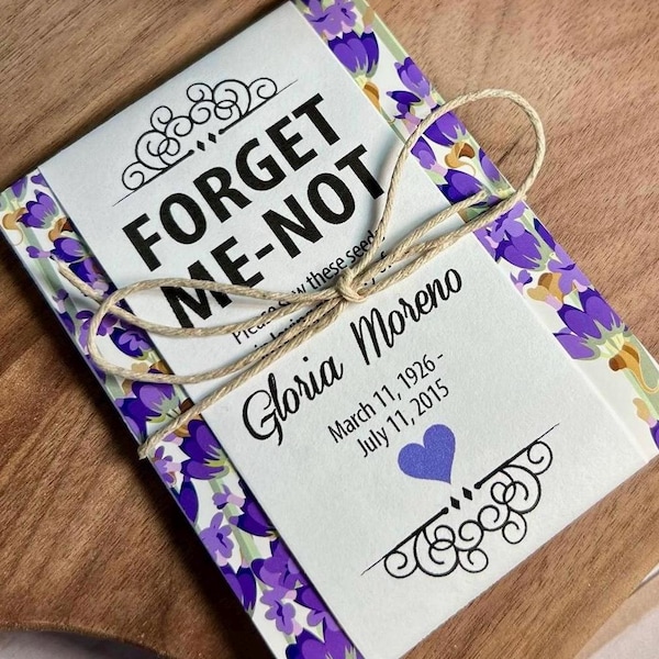 Personalized Memorial Forget-Me-Not Seed Packets in Lavender and Purple